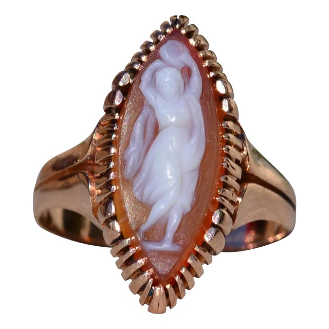 Antique Victorian 14K Rose Gold Navette Shaped Cameo Ring For Sale