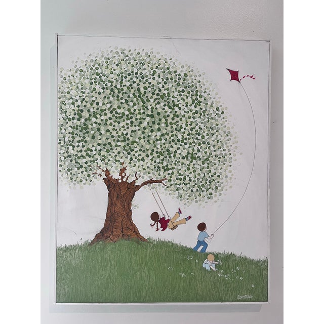 Folk Art Whimsical Contemporary Folk Art Painting of Children Playing Beneath a Tree For Sale - Image 3 of 6