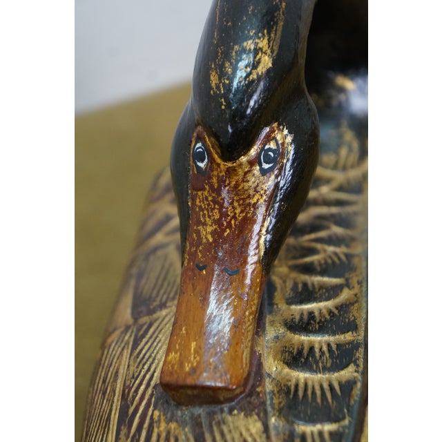 Pair Mid Century Chinese Lacquered Carved Hardwood Swan Sculptures Decoy 13" For Sale - Image 10 of 12
