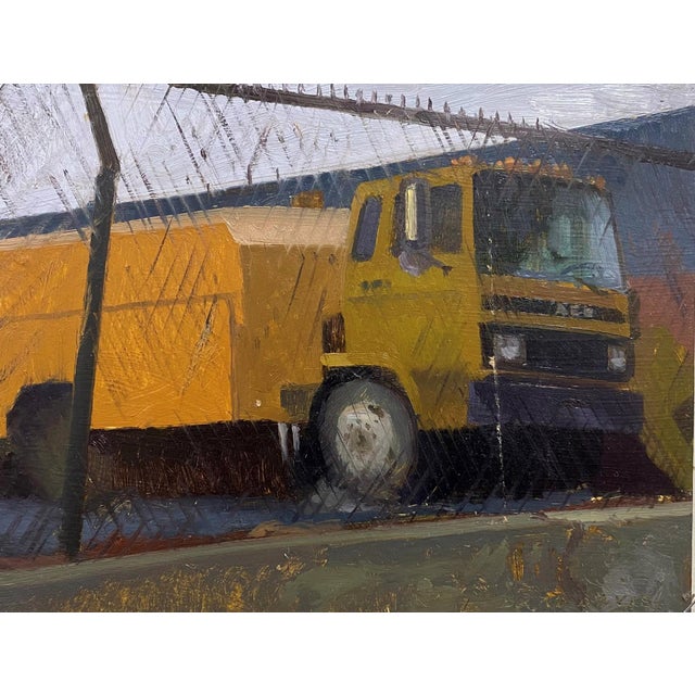 Street Sweeper by Brad Davis | Oil on panel Yellow street cleaning vehicle behind a fence. For Sale