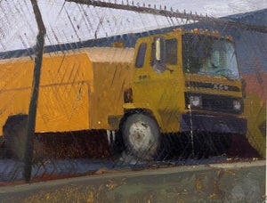 Street Sweeper by Brad Davis | Oil on panel Yellow street cleaning vehicle behind a fence.