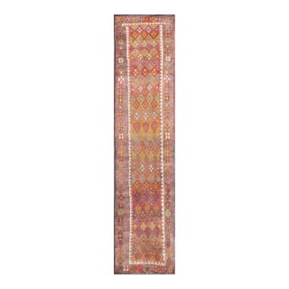 Colorful Vintage Turkish Oushak Runner With Repeating Diamond Geometric Design 2'9 X 12'8 For Sale