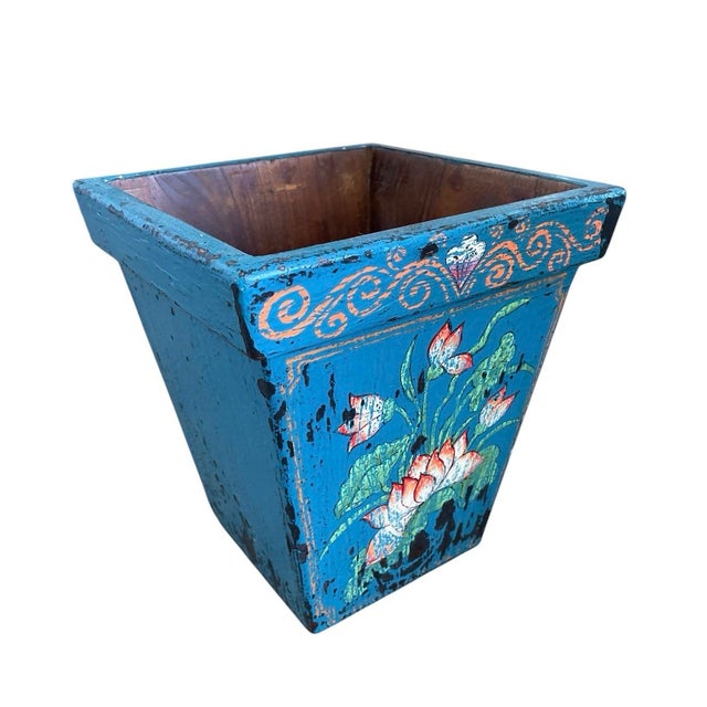 Vintage Balinese Hand-Painted Wood Cachepot or Trash Can | Teal & Lotus Motif For Sale - Image 4 of 9