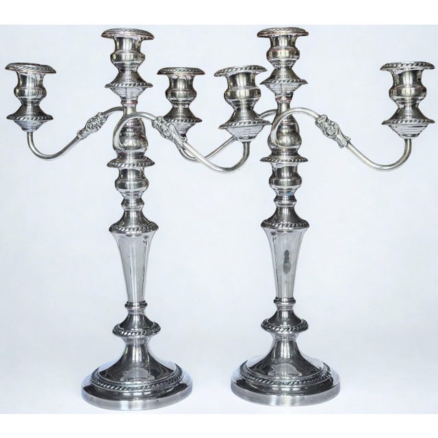 MOS2026Antique Silver Plated Three Arm English Candleabras - A Pair For Sale - Image 18 of 18