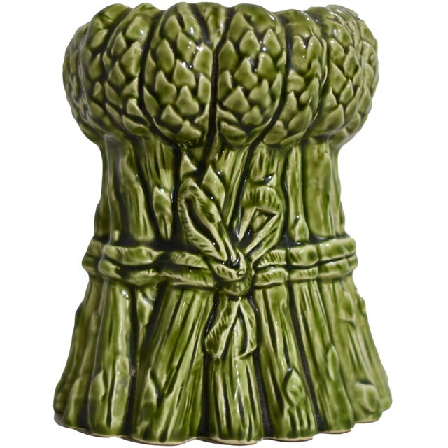 Green Vintage Ceramic Majolica Style Vase With Ribbon Tied Around a Stalk of Asparagus For Sale - Image 8 of 8