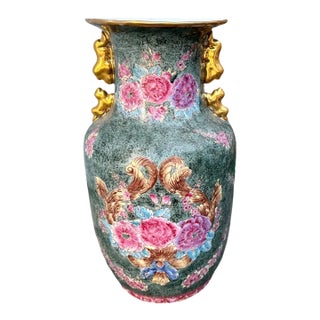 Large Vintage Chinoiserie Green & Pink Rose Famille Peonies Porcelain Vase W/Double Ears For Sale