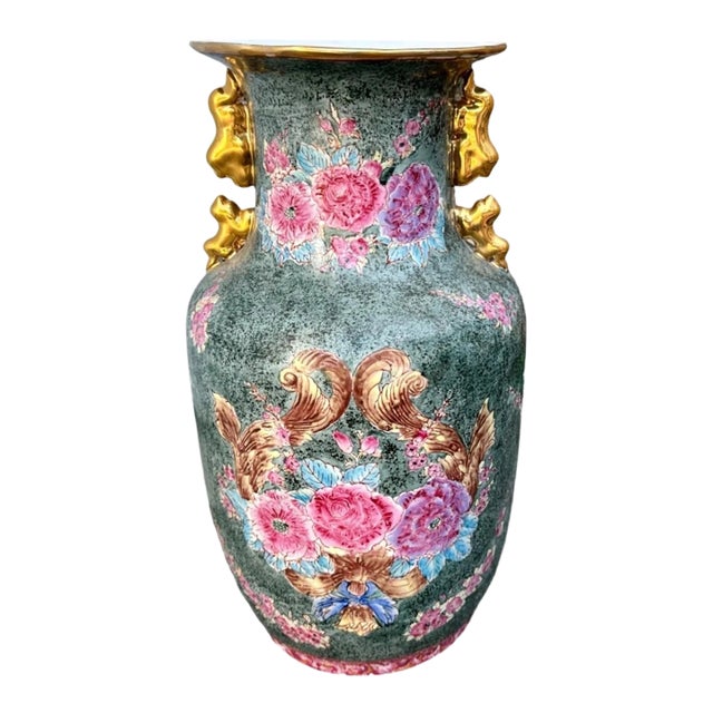 Large Vintage Chinoiserie Green & Pink Rose Famille Peonies Porcelain Vase W/Double Ears For Sale
