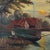 Antique Folk Art Riverscape with Boat and House, Signed (1914, Oil on Canvas). Sunset scene along a river with a figure...