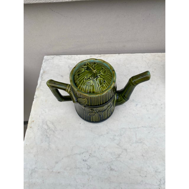 French Country 19th Century French Green Majolica Bamboo Teapot Salins For Sale - Image 3 of 9