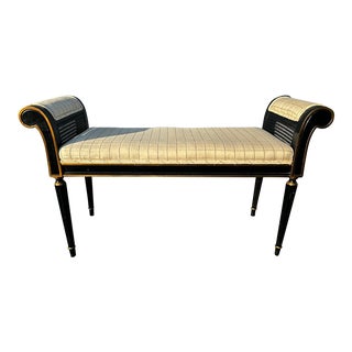 1960s Vintage Louis XVI Black Cane and Wood Scroll Bench For Sale
