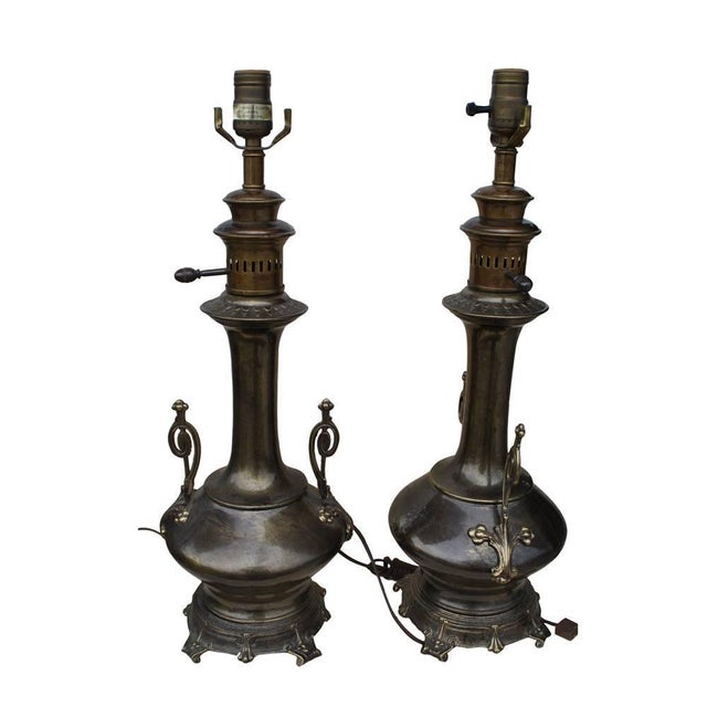 Metal Vintage 1920s Pair of Aged Brass Lamps by Frederick Cooper For Sale - Image 7 of 7