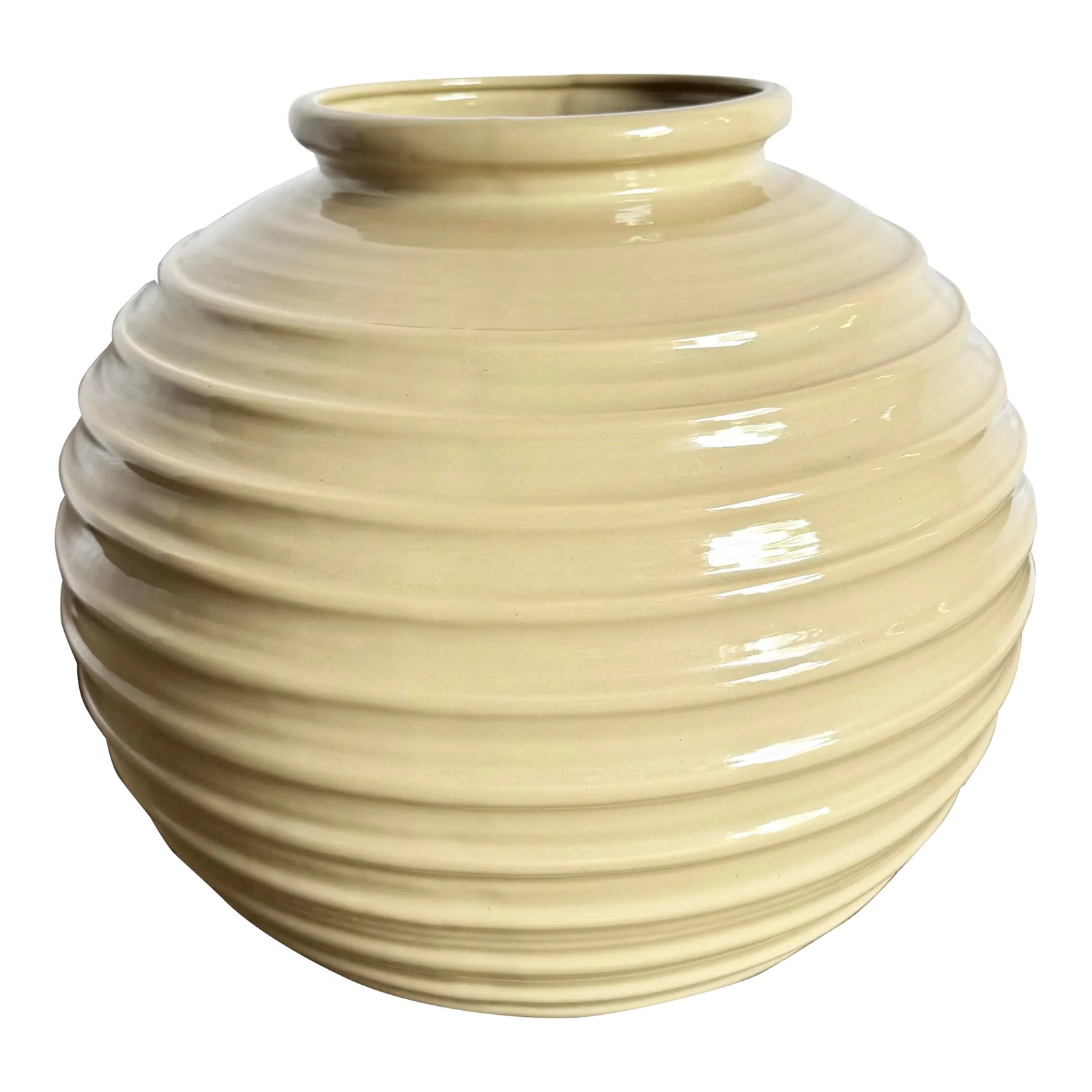Postmodern Tan Gloss Ceramic Ribbed Spherical Base | Chairish