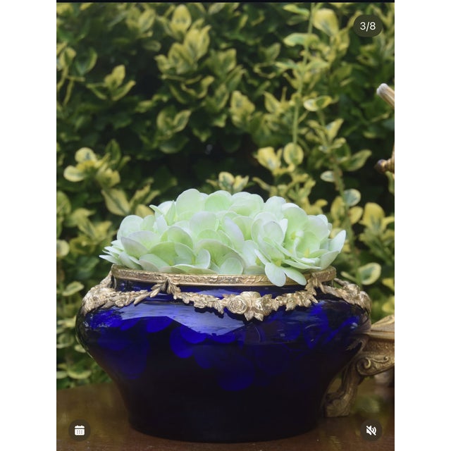 Antique French Cobalt Blue Glass Vase With Gilt Bronze Floral Garland Mounts For Sale - Image 4 of 4