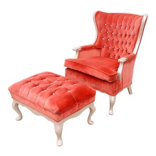 Vintage Tufted Bubblegun Wingback & Ottoman For Sale