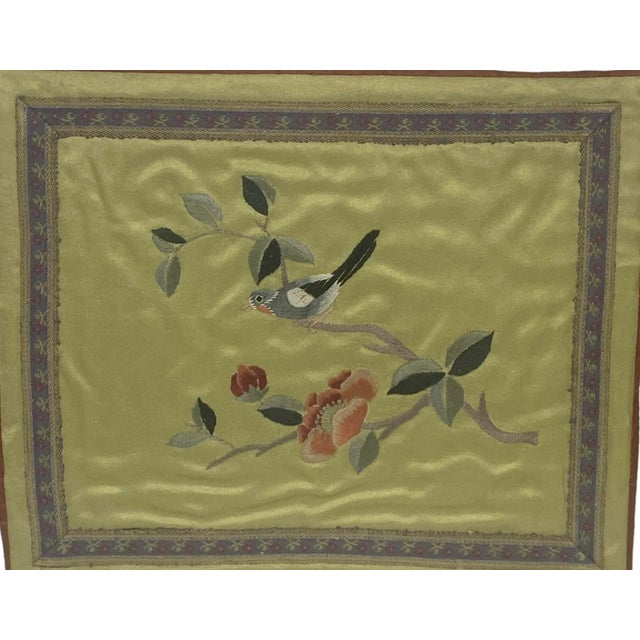 Vintage Japanese Framed Silk Embroidered Panel With a Singing Bird on a Cherry Blossom Tree Limb Design For Sale - Image 4 of 12