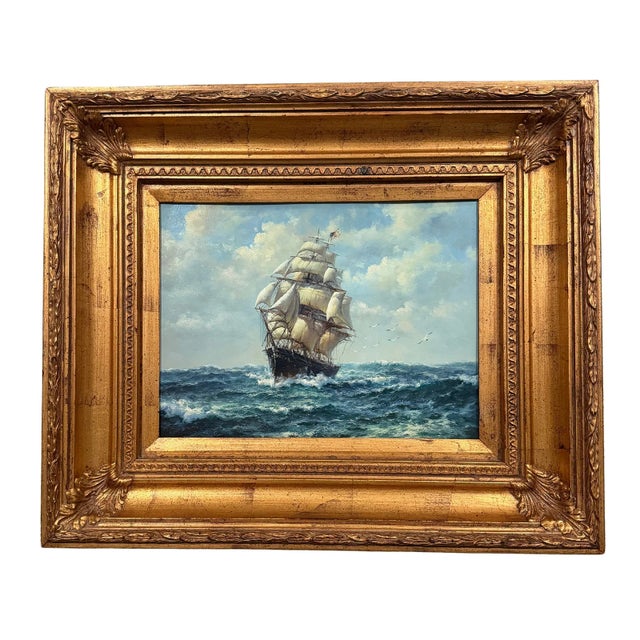 Late 20th-century maritime oil painting by J. Clark (American, active ca. 1858–1902), depicting an American clipper ship...