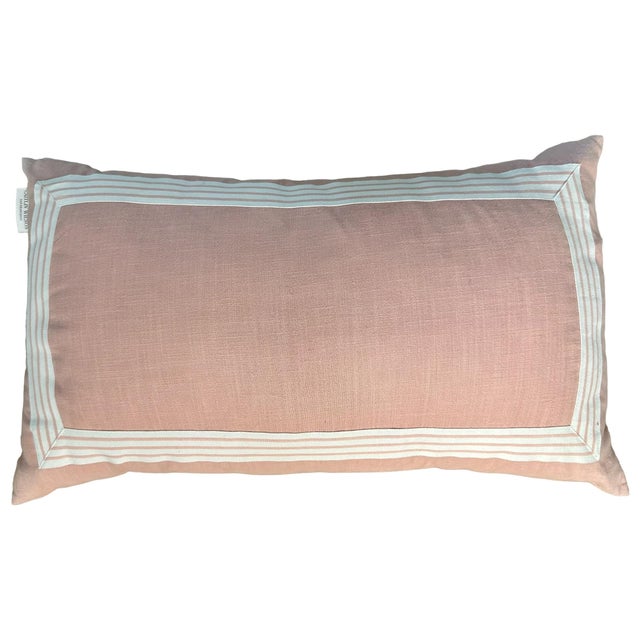 Light Peach colored Linen with White border design. Caitlin Wilson Lumbar Pillow 14" x 30". Includes down blend pillow...