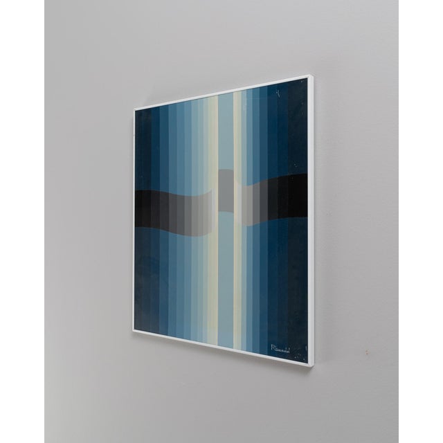 20th Century Belgian Baby Blue Striped Abstract Vintage Painting With Metal Frame by Rene Berdal For Sale - Image 9 of 18