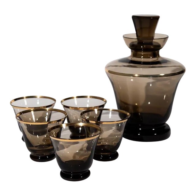 Vintage Smokey Grey Art Glass Decanter Set- 6 Pieces For Sale