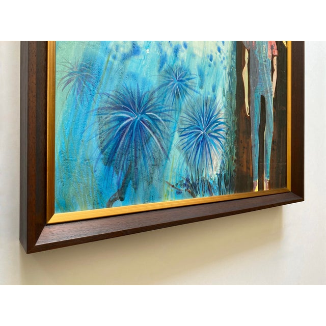 Paul Bowen Vintage 1990's Provincetown Modernist " Untitled Blue Trees " Original Signed Framed Mixed Media Painting For Sale - Image 10 of 18