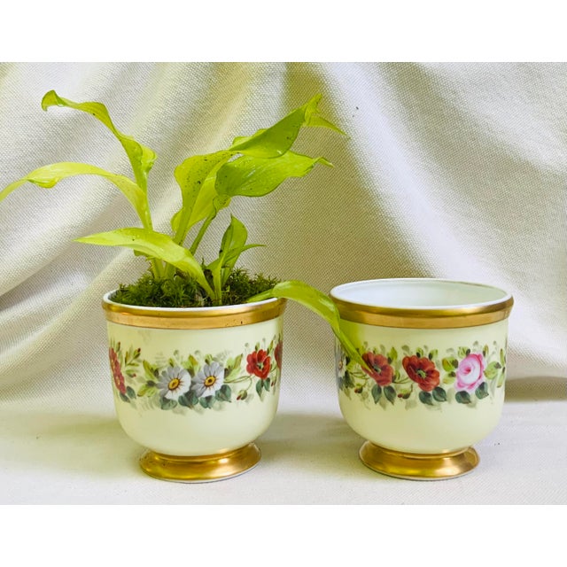 Vintage Hand-Painted Porcelain Cachepots, Floral With Gilt Rim - A Pair For Sale - Image 15 of 18