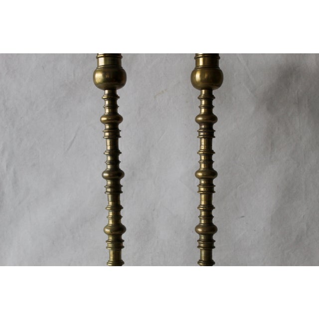 1960s Vintage Mid Century Large Brass Altar Floor Candle Holders Patina, a Pair For Sale - Image 5 of 10