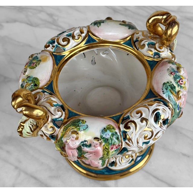 Vintage Italian Capodimonte Porcelain Cherub Double Handle Pedestal Bowl W/ Lid For Sale - Image 6 of 10