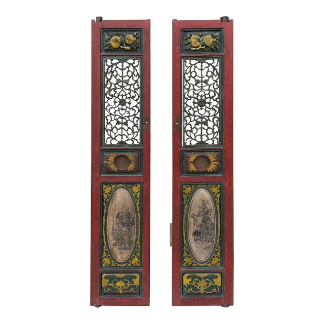 Pair Vintage Red Green Yellow Fujian Relief Carving Door Panels For Sale