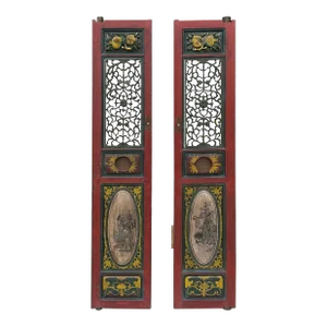 Pair Vintage Red Green Yellow Fujian Relief Carving Door Panels