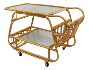 Italian Serving Trolley in Bamboo Rattan and Glass, 1950s