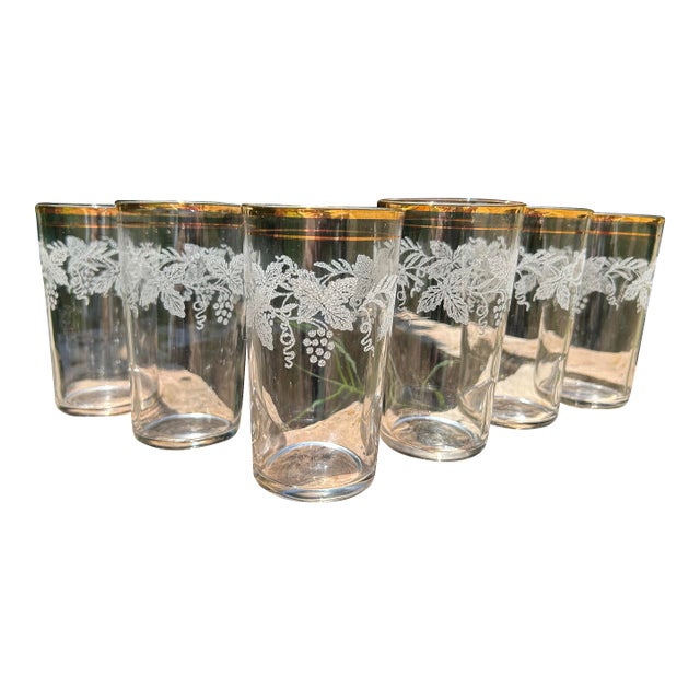 1950s Set of Six Mid Century Modern Bartlett Collins Highball Glasses- Beautifully Designed Grapevines Around Upper Half of Glasses With 24k Gold Trim For Sale