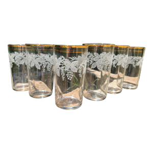 1950s Set of Six Mid Century Modern Bartlett Collins Highball Glasses- Beautifully Designed Grapevines Around Upper Half of Glasses With 24k Gold Trim