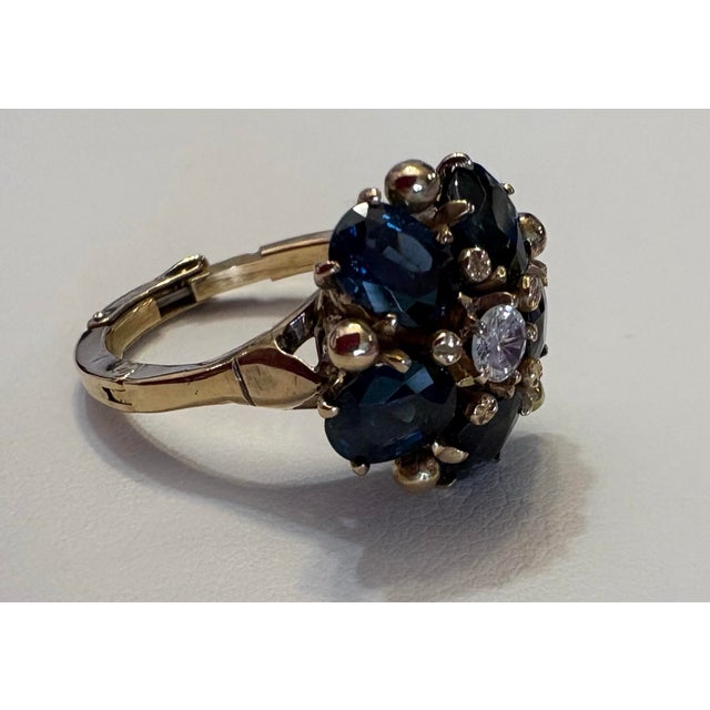 14k Yellow Gold, Blue Sapphire and Diamond Flower Cluster Ring With Arthritic Shank., Size 6.25 to 7 For Sale - Image 4 of 9