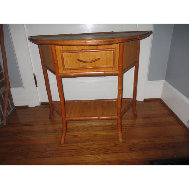 1940s 1940s Vintage Art Nouveau Style Bamboo Two Tier Table With Painted Palm Leaf Top & Drawer For Sale - Image 5 of 12