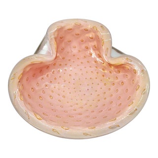 1950s Pink Murano Glass Bowl or Ashtray With Gold and Bubbles Designed by Alfredo Barbini Italy For Sale