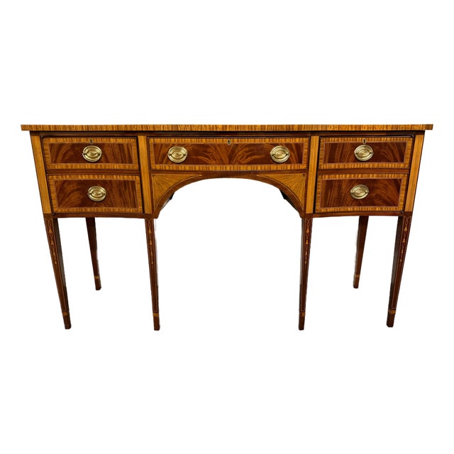Late 20th Century Hepplewhite Style Mahogany Console Sideboard With Satinwood Inlay, Circa 1990 For Sale