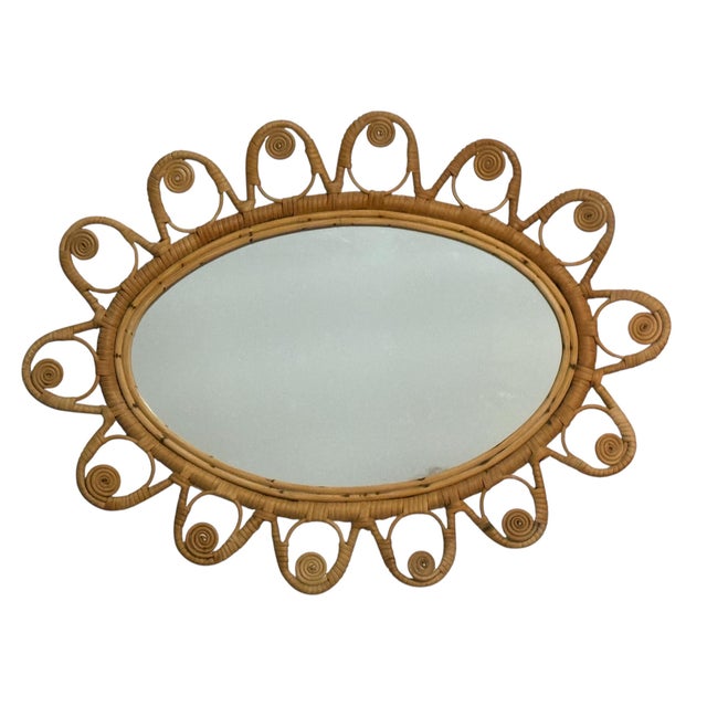 1950s Vintage French Oval Rattan Mirror, 1950s For Sale - Image 5 of 10