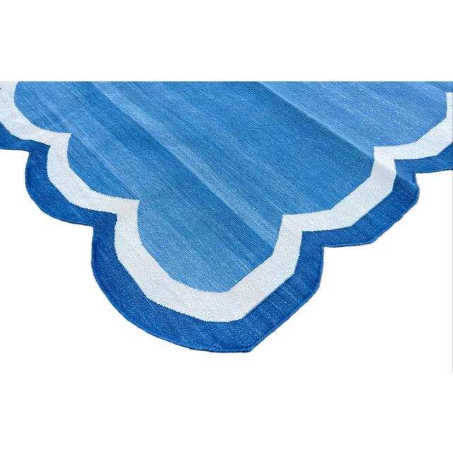 Not Yet Made - Made To Order Handmade Cotton Area Scalloped Rug Blue, Cream, Indigo Blue Border Dhurrie - 5'x8' For Sale - Image 5 of 11