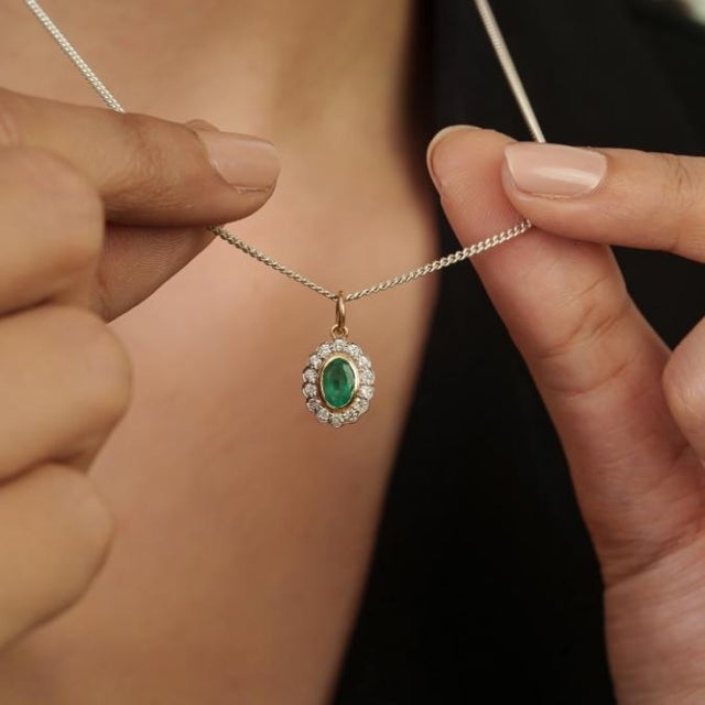 Mid 20th Century Zambian Emerald Diamond Halo Floral Victorian Pendant in 14k Yellow Gold For Sale - Image 5 of 15