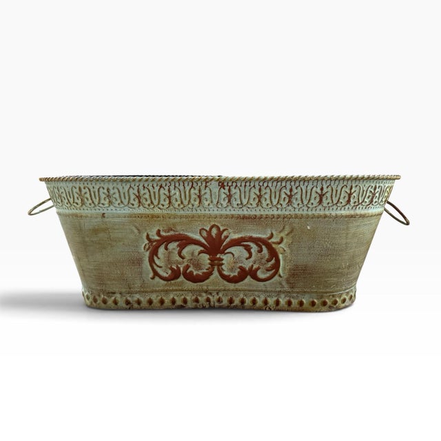 Vintage Embossed Metal Jardinière Planter With Ring Handles | Distressed French Country Cachepot For Sale - Image 4 of 7