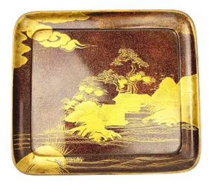 19th Century Meiji Period Japanese Bronze and Gold Lacquer Small Tray With Outdoor Scene