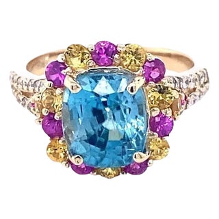 6.00 Carat Zircon Sapphire Diamond Yellow Gold Engagement Ring, Size 7 For Sale