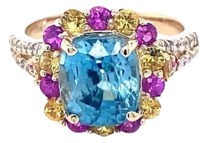 6.00 Carat Zircon Sapphire Diamond Yellow Gold Engagement Ring, Size 7