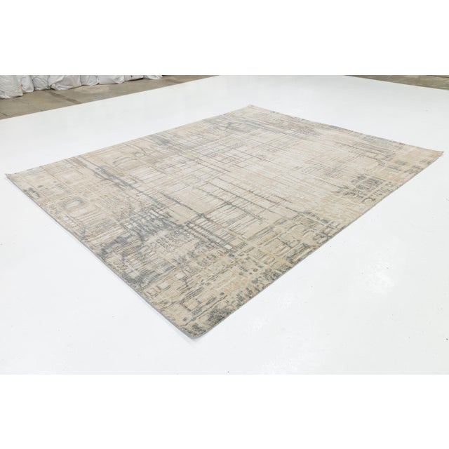 Modern Abstract Gridded Hand-Loomed Rug – Sand & Slate Gray Wool/Nylon Blend For Sale - Image 4 of 10