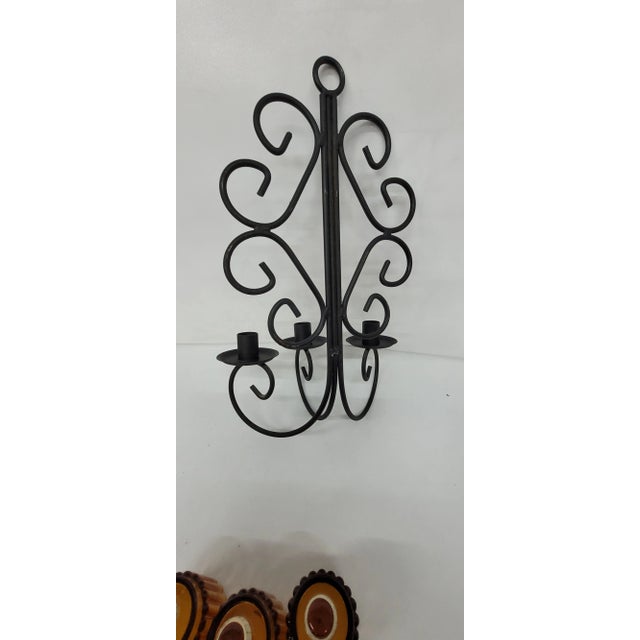 Mid-Century Metal Wall Sconce Wrought Iron Candelabra Gold Glass Globes For Sale - Image 6 of 9