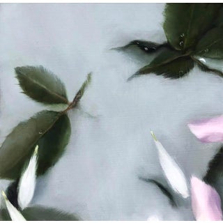 Awash, na by Rachel Sard | Oil on panel Abstract composition of leaves and petals on a gray background For Sale
