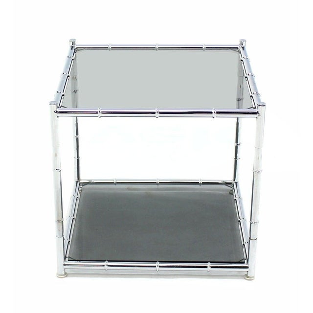 Pair of Cube Shape Chrome Faux Bamboo Frame End Tables Smoked Glass Top MINT! For Sale - Image 6 of 9