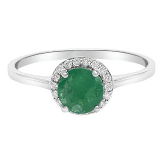 10K White Gold Green Emerald and 1/10 Cttw Diamond Halo Ring For Sale