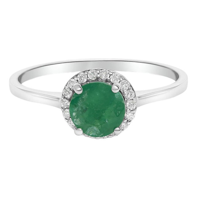 10K White Gold Green Emerald and 1/10 Cttw Diamond Halo Ring For Sale