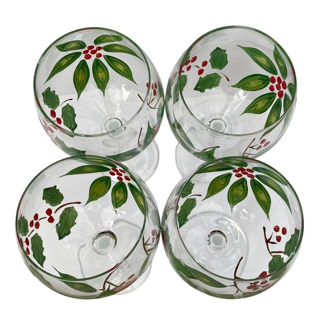 Traditional 4 Wine Glasses Hand Painted Christmas Holiday Holly Berry For Sale - Image 3 of 4